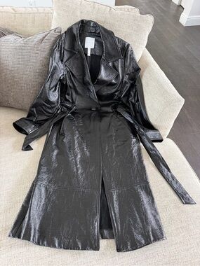 Leith Black Patent Trench Coat with Belt